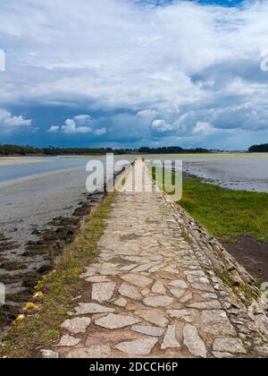 Causeway an der Mündung des Pont L'Abbe Flusses in Finistere Bretagne Nordwesten Frankreich. Stockfoto