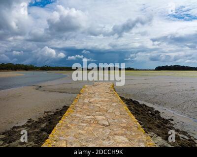 Causeway an der Mündung des Pont L'Abbe Flusses in Finistere Bretagne Nordwesten Frankreich. Stockfoto