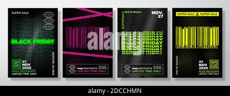 Neon Black Friday Typography Sammlung von Bannern, Postern oder Flayers Templates. Creative Synth Wave Grid Hintergrundkonzept. Abstrakt Dekorativ Stock Vektor
