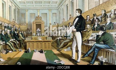 WILLIAM EWART GLADSTONE (1809-1898) Tory Politiker, nachdem er 1832 einen Sitz in Newark-on-Trent gewonnen hatte, hält am 3. Juni 1833 seine Jungfernrede im Unterhaus, in der er die Interessen der westindischen Sklavenhalter von Zuckerplantagen verteidigt, darunter auch seines Vaters. Stockfoto