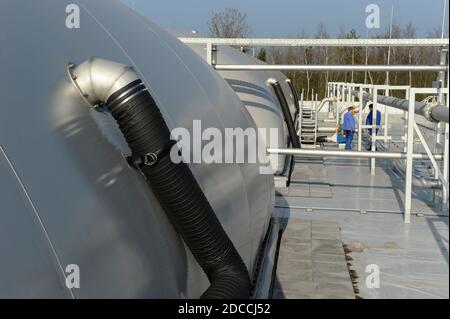 DEUTSCHLAND, Hamburg, Kompostfabrik und Biogasanlage, organischer Abfall wird zu Biogas und Kompost trocken fermentiert, das Biomethan-Gas wird in das öffentliche Gasnetz / DEUTSCHLAND, Hamburg, Kompostwerk und Biogasanlage Buetzberg der Stadtreinigung Hamburg, In einer Trockenfermentation Anlage werden aus Bioabfaellen Biogas und hochwertiger Kompost erzeugt, das Bio-Methan Gas wird durch Vattenfall in das Gasnetz eingespeist Stockfoto
