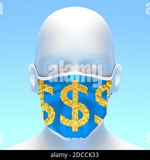 Männliche Schaufensterpuppe trägt eine Maske mit goldenen Dollar-Symbolen Stockfoto