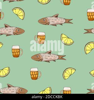 Leichtes Bier mit Snacks. Handgezeichnete Cartoon-Stil Illustration. Limette und Fisch. Glasbecher. Helle Farben. Mexikanisches Bier. Stock Vektor
