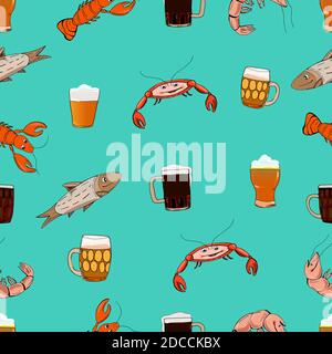 Helles und dunkles Bier mit Meeresfrüchten. Handgezeichnete Cartoon-Stil Illustration. Hummer, Fisch und Krabben. Glasbecher. Helles und dunkles Bier. Helle Farben. Stock Vektor