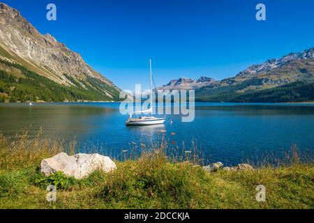 Klarer Septembermorgen am herrlichen Plaun da Lej, einer berühmten Bucht am Silsersee, im Oberengadiner Tal (Graubünden, Schweiz) Stockfoto