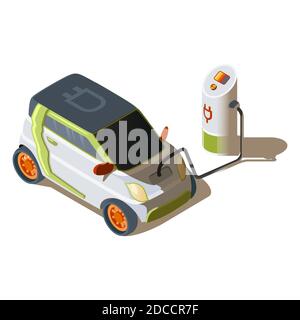 Isometrisches Elektroauto an einer Ladestation. Elektro-grünes Fahrzeug mit Strom Ressource über Kabel verbunden. Eco Automobil 3d Vektor Illustration Stock Vektor