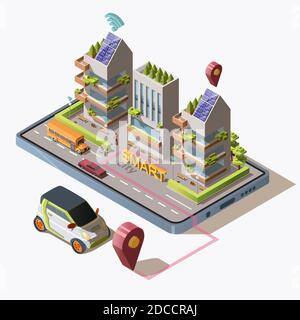 Isometrische Smart City mit Auto, Straße, Menschen, grün umweltfreundliche moderne Gebäude und Transport auf dem Smartphone. Business Center mit Solarpaneelen auf dem Dach. 3d-Vektordarstellung. Stock Vektor