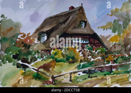 Ländliche Landschaft mit altem Wachshaus mit Strohdach und Hof im Herbst in Kiekeberg Traditionelles Architekturmuseum bei Hamburg, Deutschland Stockfoto