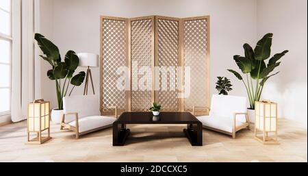 Traditionelles japanisches Wohnzimmer gemischt mit modernem Design.3D-Rendering Stockfoto