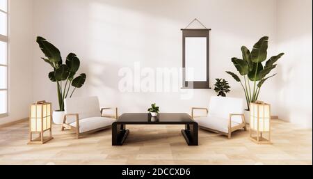 Traditionelles japanisches Wohnzimmer gemischt mit modernem Design.3D-Rendering Stockfoto