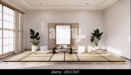 Traditionelles japanisches Wohnzimmer gemischt mit modernem Design.3D-Rendering Stockfoto