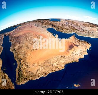 Karte der Arabischen Halbinsel, Naher Osten, Karte mit Relief und Bergen. Jemen, Oman, Saudi-Arabien, Vereinigte Arabische Emirate, Iran Stockfoto