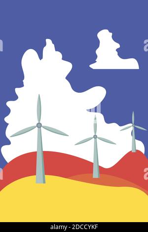 Energiesparende Windkraftanlagen flach einfaches Design bunte Illustration. Vektorlandschaft mit Feld, Wolken, blauen Himmel und Windturbinen. Grün e Stock Vektor