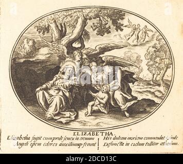 Balthasar Moncornet, (Künstler), Französisch, c. 1600 - 1668, der Flug der Heiligen Elisabeth mit dem Johannes-Kindlein, Gravur Stockfoto