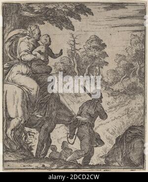 Giovanni Battista Fontana, (Künstler), Veronese, c. 1524 - 1587, The Flight into Egypt, Radierung auf Büttenpapier, Blatt (auf Plattenmarke zugeschnitten): 10.3 x 8.8 cm (4 1/16 x 3 7/16 Zoll Stockfoto