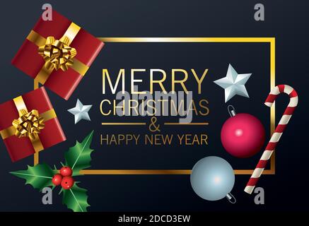 Happy Merry christmas Lettering-Karte mit Geschenken und Set-Icons In goldenem Rahmen Vektor Illustration Design Stock Vektor