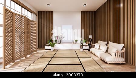 Traditionelles japanisches Wohnzimmer gemischt mit modernem Design.3D-Rendering Stockfoto