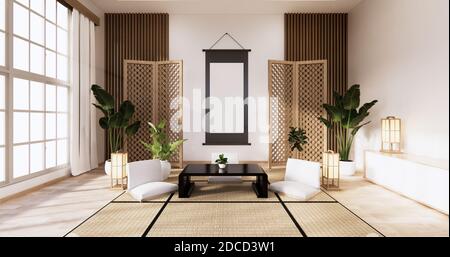 Traditionelles japanisches Wohnzimmer gemischt mit modernem Design.3D-Rendering Stockfoto