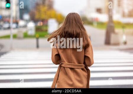 Rückansicht einer jungen Frau, die eine Straße überquert Stockfoto