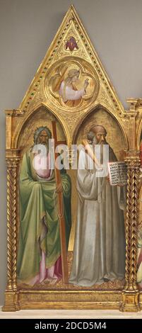 Agnolo Gaddi, (Maler), Florentine, c. 1350 - 1396, St. Andreas und St. Benedikt mit dem Erzengel Gabriel, kurz vor 1387, Tempera auf Pappel-Tafel, insgesamt: 197 × 80 cm (77 9/16 × 31 1/2 in.), die meisten frühen Gemälde sind auch Mysteriengeschichten, so dass die Kunsthistoriker, die sie untersuchen Detektive einer Art. Unterschriften waren nicht Routine, und die Inschriften auf diesem großen Altarbild nennen die dargestellten Heiligen, nicht der Künstler, der sie malte. In diesem Fall jedoch haben die eleganten Figuren, Pastellfarben und dekorative Effekte Experten fast einhellig auf Agnolo Gaddi verwiesen Stockfoto