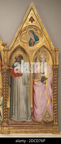 Agnolo Gaddi, (Maler), Florentine, c. 1350 - 1396, hl. Bernhard und hl. Katharina von Alexandria mit der Jungfrau der Verkündigung, kurz vor 1387, Tempera auf Pappeltafel, insgesamt: 194.6 × 80 cm (76 5/8 × 31 1/2 in.), die meisten frühen Gemälde sind auch Geheimnis Geschichten, so dass die Kunsthistoriker, die sie untersuchen Detektive einer Art. Unterschriften waren nicht Routine, und die Inschriften auf diesem großen Altarbild nennen die dargestellten Heiligen, nicht der Künstler, der sie malte. In diesem Fall jedoch die eleganten Figuren, Pastellfarben Stockfoto