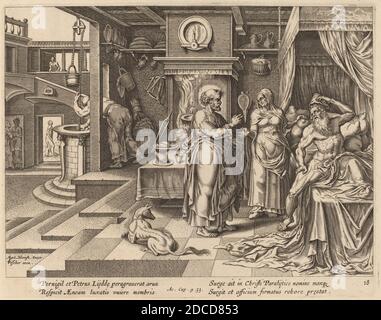 Philip Galle, (Künstler), Flämisch, 1537 - 1612, Maerten van Heemskerck, (Künstler nach), Niederländisch, 1498 - 1574, die Heilung der Eneas von St. Peter, Apostelgeschichte, (Serie), Gravur Stockfoto