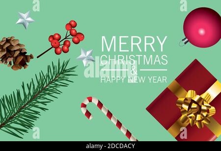 Fröhliche Weihnachtskarte mit Geschenksikonen und Set-Icons vektorgrafik Design Stock Vektor