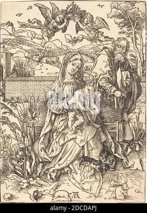 Albrecht Dürer, (Künstler), Deutsch, 1471 - 1528, die Heilige Familie mit den drei Hasen, c. 1497/1498, Holzschnitt Stockfoto