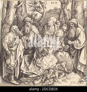 Albrecht Dürer, (Künstler), deutsch, 1471 - 1528, die Heilige Familie mit zwei musikmachenden Engeln, 1511, Holzschnitt Stockfoto