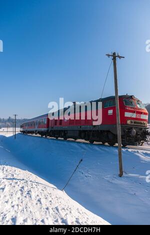 Diesellokomotive 218 431-5 mit DB Regio-Bussen auf den Gleisen auf der Schwäbischen Alb zwischen Gomadingen und Engstingen, Baden-Württemberg, Deutschland. Stockfoto