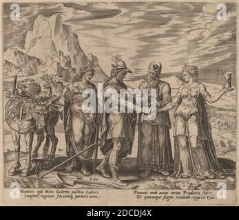Philip Galle, (Künstler), Flämisch, 1537 - 1612, Maerten van Heemskerck, (Künstler nach), Niederländisch, 1498 - 1574, The Marriage of Labor and Diligence, The Reward of Labor and Diligence, (Serie), 1572, Gravur Stockfoto
