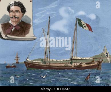 „Il Leone di Caprera“. Segelschoner von 9 Metern Länge, der von drei Italienern bemuncht wurde, wollten mit einem Sextanten als einziger Führer den Atlantik überqueren. Sie segelten am 3. Oktober 1880 von Montevideo (Uruguay) aus. Am 9. Januar 1881 kamen sie in Las Palmas (Kanarische Inseln, Spanien) an. Der Leiter der Expedition war Vicenzo Fondacaro (1844-1893), ein italienischer Kapitän. Drei Tonnen Schiff, das gerade den Atlantik von Montevideo nach Las Palmas de Gran Canaria überquert. Gravur von Vela. La Ilustracion Española y Americana, 1881. Spätere Färbung. Stockfoto