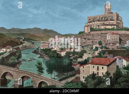 Spanien, Katalonien, Provinz Barcelona, Manresa. Blick auf die Stadt von der 'Pont Vell' (Alte Brücke), über den Cardener Fluss. Im Hintergrund die Kathedrale oder Basilika Santa Maria de la Seu. Gravur von Capuz. La Ilustracion Española y Americana, 1881. Spätere Färbung. Stockfoto