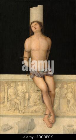 Amico Aspertini, (Künstler), Ferrarese-Bolognese, 1474/1475 - 1552, St. Sebastian, c. 1505, Öl auf Platte, insgesamt: 114.9 x 66 cm (45 1/4 x 26 Zoll), gerahmt: 139.2 x 89.2 x 10.8 cm (54 13/16 x 35 1/8 x 4 1/4 Zoll Stockfoto