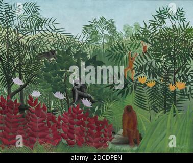 Henri Rousseau, (Künstler), französisch, 1844 - 1910, tropischer Wald mit Affen, 1910, Öl auf Leinwand, insgesamt: 129.5 x 162.5 cm (51 x 64 Zoll), gerahmt: 156.2 x 186.7 cm (61 1/2 x 73 1/2 Zoll Stockfoto