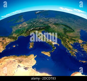 Karte des zentralen Mittelmeers, physische Karte, Süd- und Mitteleuropa. 3d Rendering, Reliefs und Berge. Mittelmeer. Italien, Frankreich, Spanien, Deutschland Stockfoto
