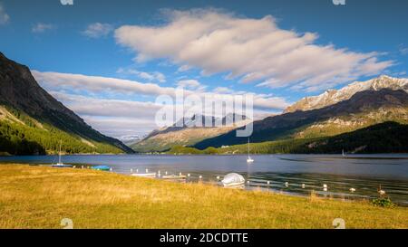 Untergeht die Sonne am wunderschönen Plaun da Lej, einer berühmten Bucht am Silsersee, im Oberengadiner Tal (Graubünden, Schweiz) Stockfoto