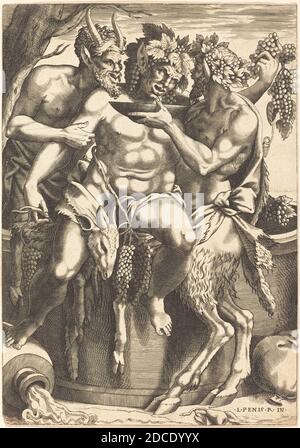 René Boyvin, (Künstler), Französisch, c. 1525 - 1598 oder c. 1625, Luca Penni, (Künstler nach), italienisch, 1500/1504 - 1556, zwei Satyrs, die Bacchus trinken, 1540s/1560s, Gravur, Blatt: 23.6 × 16.6 cm (9 5/16 × 6 9/16 in Stockfoto