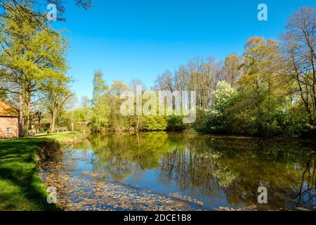 Wanderweg in einer schönen holländischen Bauernhofläandschaft entlang eines wunderschönen Sees und einem kleinen Wald. Es liegt in der Nähe des kleinen Dorfes namens Vasse Stockfoto