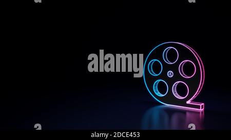 3d Rendering Techno neon lila blau leuchtenden Umriss Drahtmodell Symbol Des Films im Kino für das Ansehen von Filmen isoliert auf Schwarzer Hintergrund mit Hochglanz Stockfoto