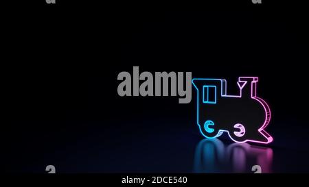 3d Rendering Techno neon lila blau leuchtenden Umriss Drahtmodell Symbol Von Zug aus Profil isoliert auf schwarzem Hintergrund mit glänzend Spiegelung auf dem Boden Stockfoto