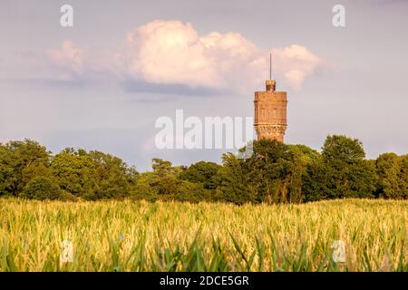 Sonnenuntergang in einer typischen holländischen Bauernlandschaft im August, wo der Wasserturm der kleinen Stadt Delden zu sehen ist. Stockfoto