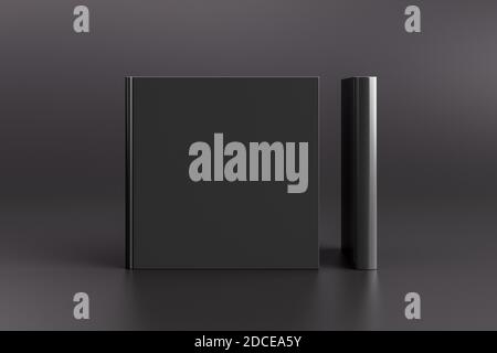 Zwei schwarze Musterbücher mit Hardcover auf schwarzem Hintergrund. Leeres Deckblatt und Buchrücken Stockfoto