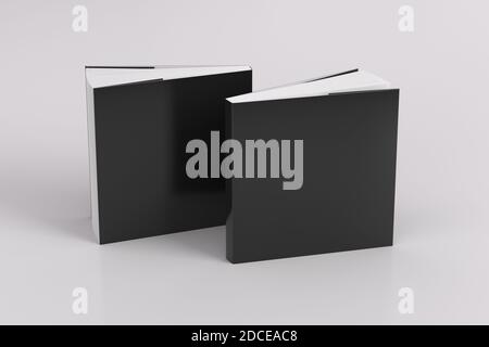 Zwei quadratische schwarze Mockup-Bücher mit Softcover oder Taschenbuch auf weißem Hintergrund. Leere vordere und hintere Abdeckung Stockfoto