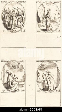 Jacques Callot, (Künstler), Französisch, 1592 - 1635, St. Ursula und Gefährten; St. Mary Salome; St. Severinus; St. Maglorius, der Kalender der Heiligen, (Serie), Radierung Stockfoto