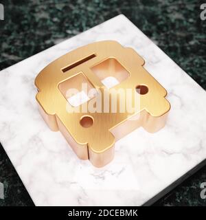 Schulbus-Symbol. Bronze Schulbus Symbol auf weißem Marmor Podium. Icon für Website, Social Media, Präsentation, Design Template Element. 3D-Rendering. Stockfoto