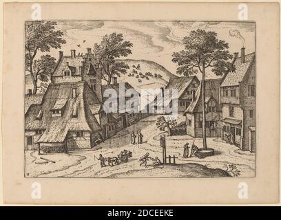 Carel Collaert, (Künstler), Flämisch, aktiv c. 1650, Dorfplatz mit Schrein, kleine Landschaften, (Serie), veröffentlicht in oder vor 1676, Radierung retuschiert mit Gravur Stockfoto