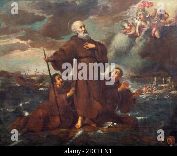 TURIN, ITALIEN - 15. MÄRZ 2017: Das Gemälde Sankt Franziskus von Paola und überqueren die Meerenge nach Messina auf seinem Mantel. Stockfoto