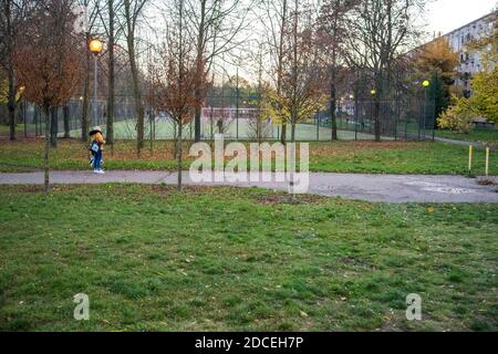 Posen, Wielkopolska, Polen. November 2020. Alltag während einer Coronavirus-Pandemie in Posen, Polen. Ganz Polen ging ab dem 24. Oktober in die Rote Zone, was neue Beschränkungen gegen Covid-19 bedeutete, die noch in Kraft sind. Auf dem Bild: Mit dem Hund spazieren. Quelle: Dawid Tatarkiewicz/ZUMA Wire/Alamy Live News Stockfoto