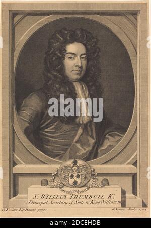 George Vertue, (Künstler), Englisch, 1684 - 1756, Sir Godfrey Kneller, (Künstler nach), Englisch, 1646 - 1723, William Trumbull, 1724, Gravur und Radierung auf Büttenpapier, Blatt (auf Plattenmarkierung zugeschnitten): 29.2 x 20.2 cm (11 1/2 x 7 15/16 Zoll Stockfoto